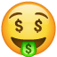 Faccina con il segno del dollaro negli occhi U + 1F911